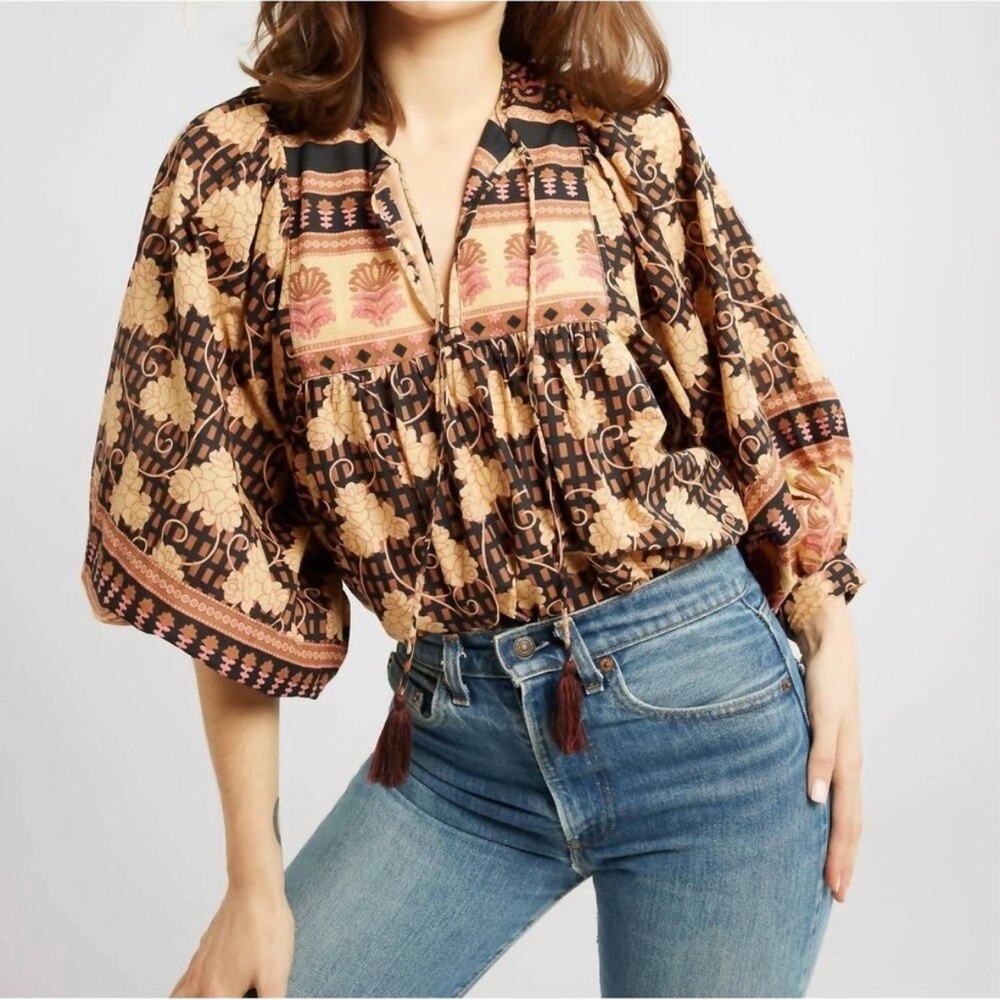 Mille Charlie Oversized Cotton Nouveau Trellis Puffed Sleeve Tassel Blouse